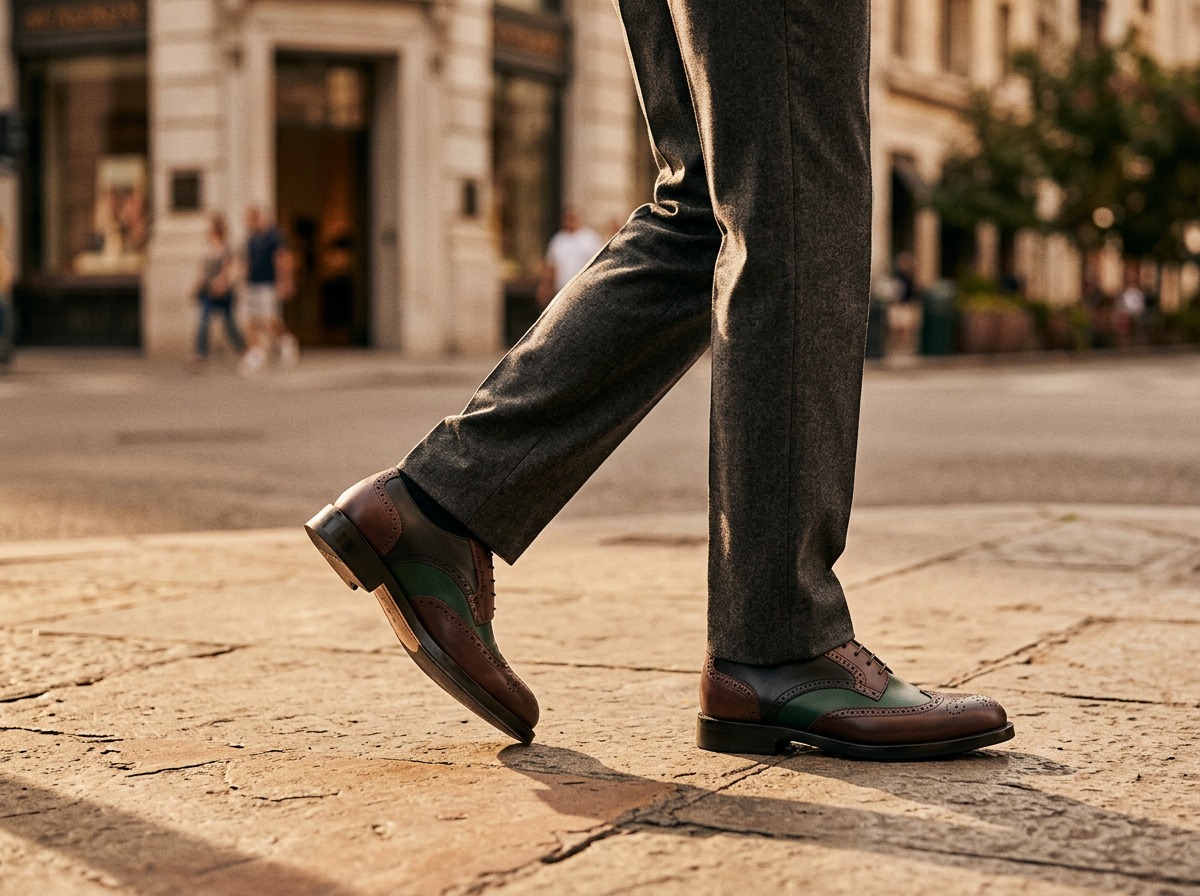 Model walking in brown and green leather wingtip brogues