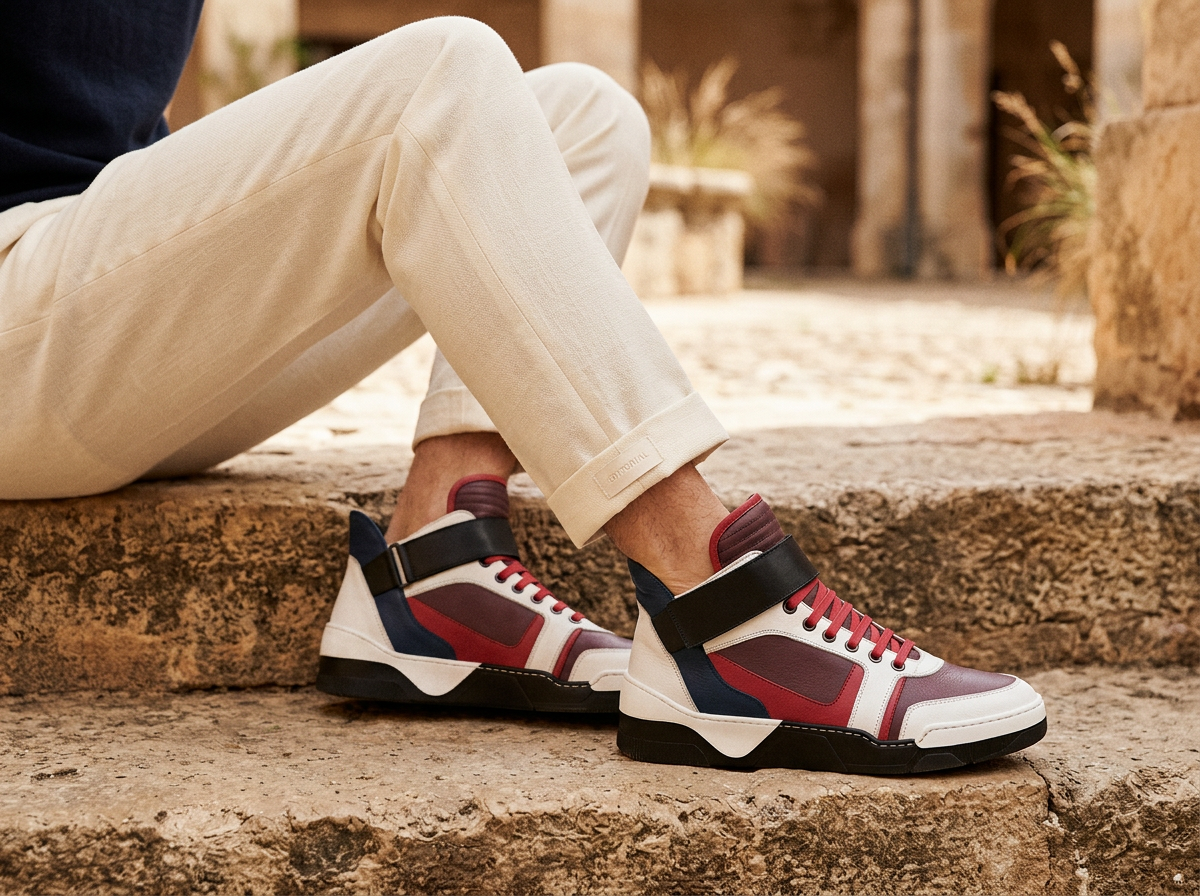 Model on stone steps wearing navy, red and white high-top sneakers