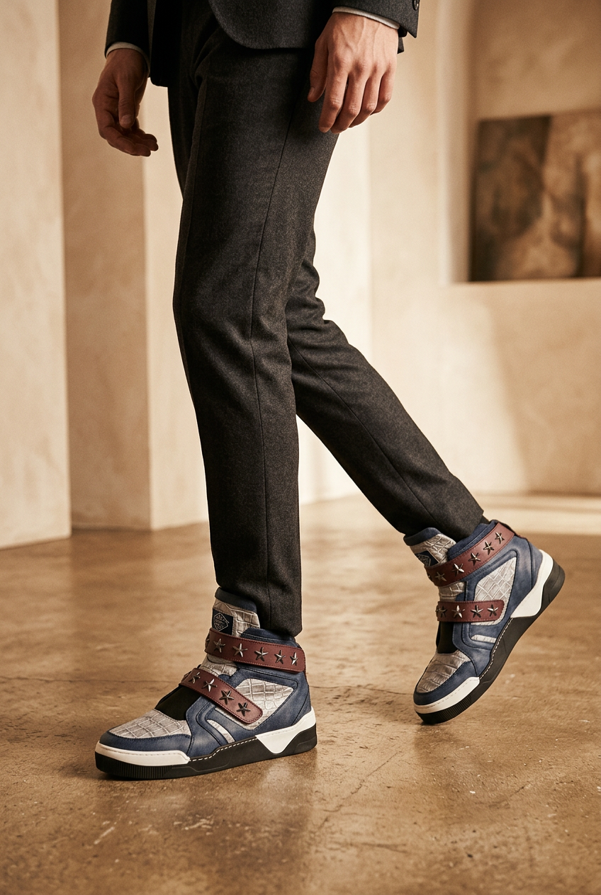 Model wearing navy and burgundy star-strap high-top sneakers